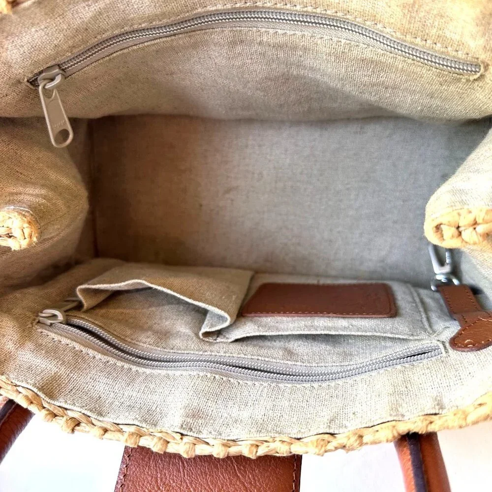 Brighton Interlok Dune Straw Leather Satchel Handbag Purse Double Handle Pocket